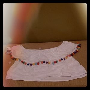 Off shoulder fiesta pompom top